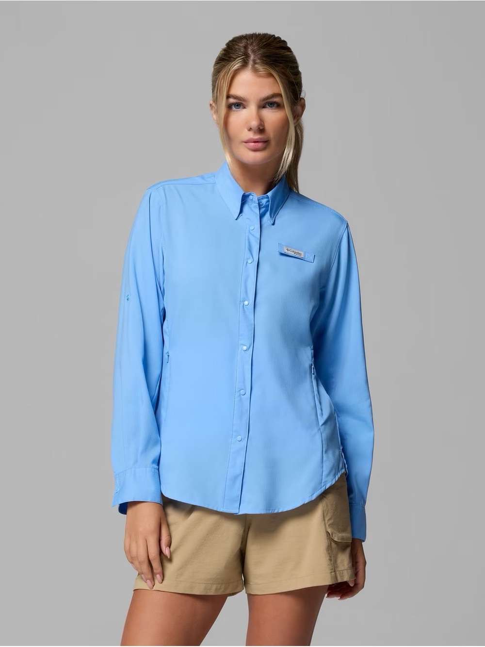 Columbia UPF40 Omnishade Women's PFG Tamiami II Long Sleeve Shirt White Cap Blue